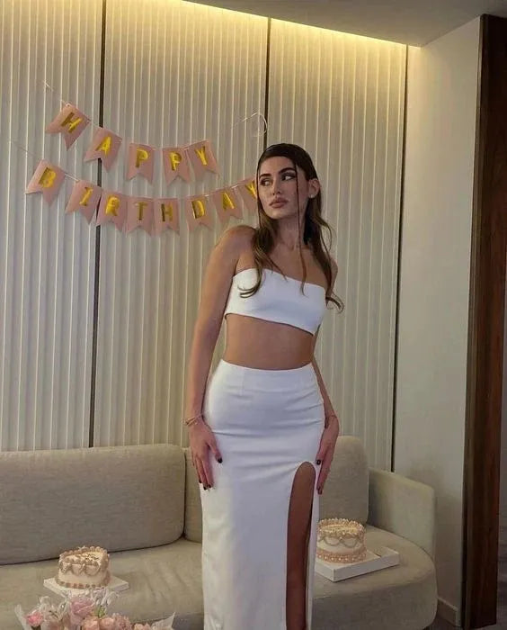 Chic Two-Piece Strapless Crop Top High-Slit Midi Skirt White Party Evening Dress