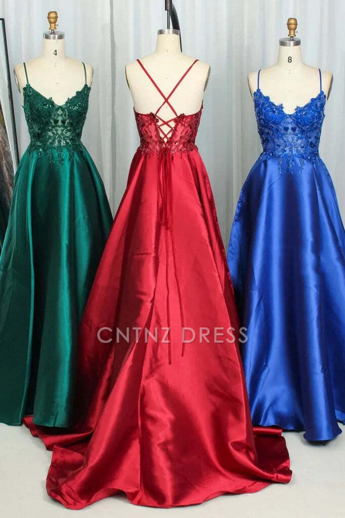 CNTNZ DRESS Chic Satin A-Line V-Neck Spaghetti Strap Sleeveless Appliques Backless Party Exquisite Hot Sale Prom Dress