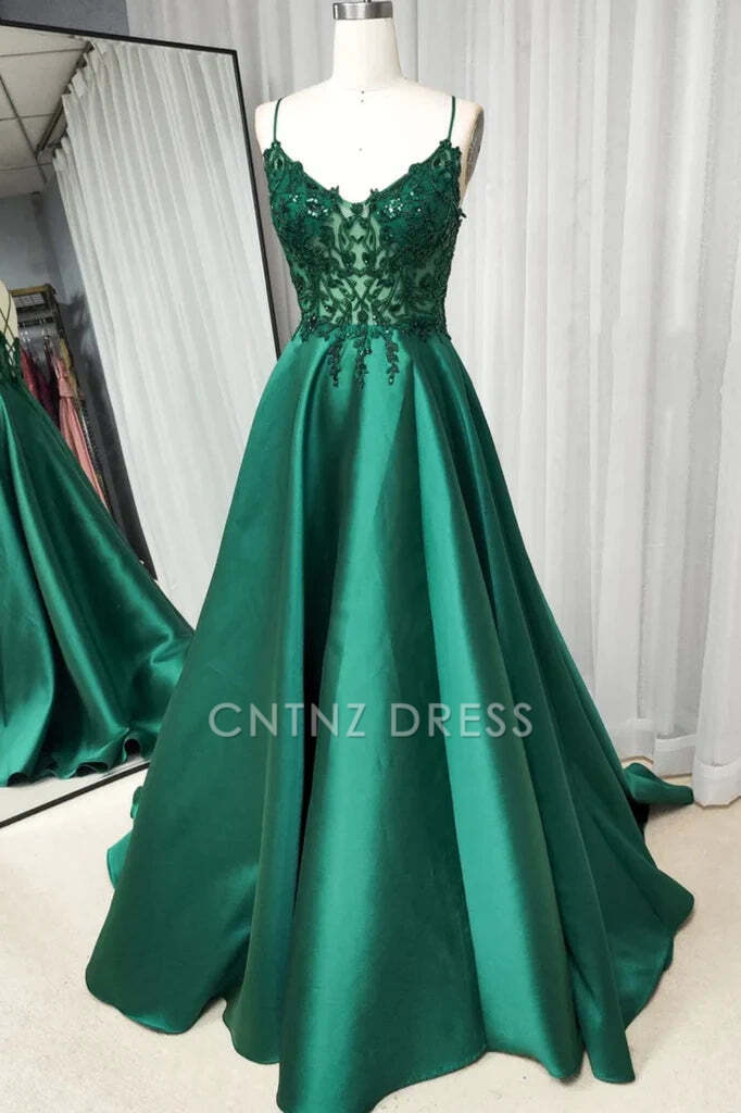 CNTNZ DRESS Chic Satin A-Line V-Neck Spaghetti Strap Sleeveless Appliques Backless Party Exquisite Hot Sale Prom Dress