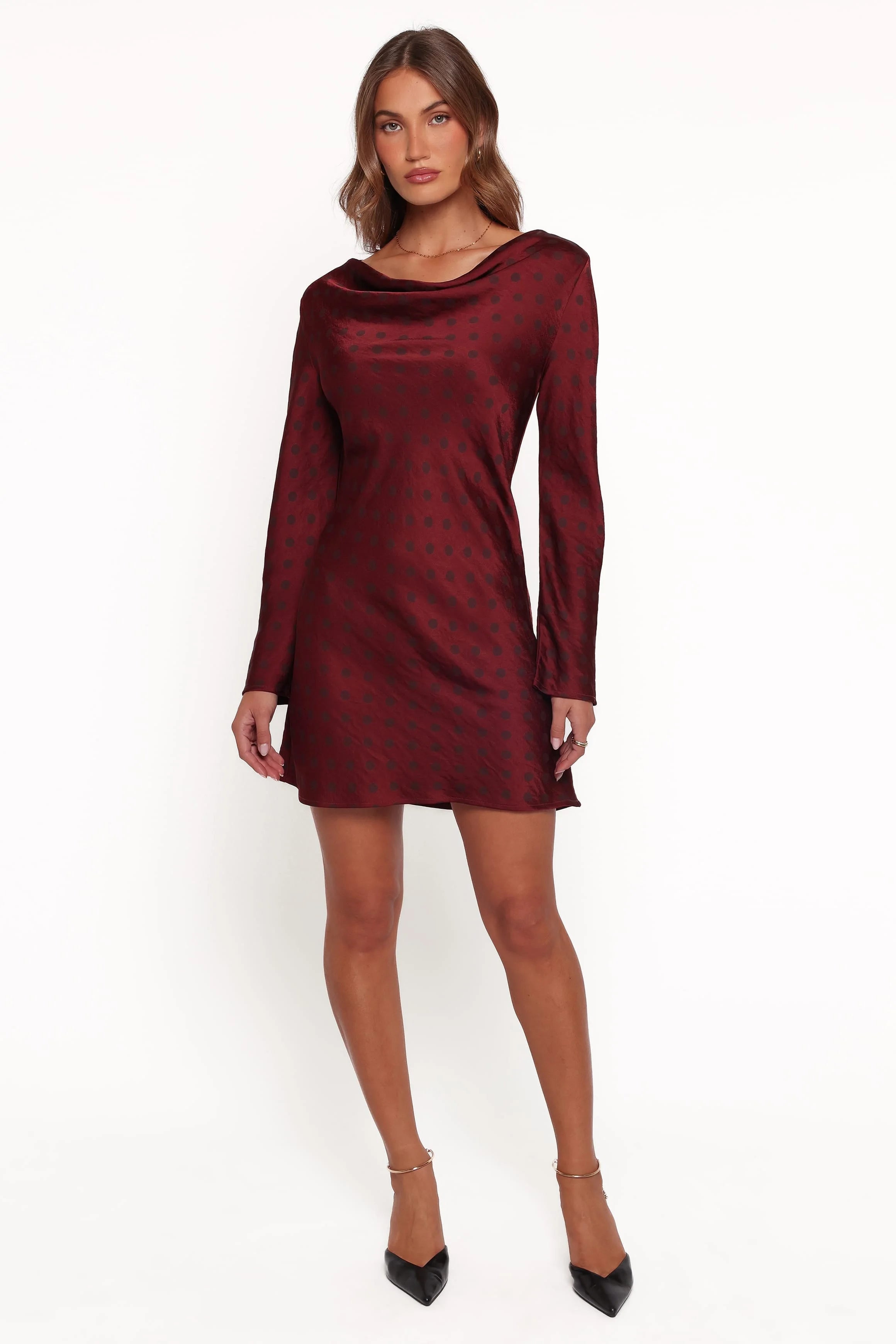 Chic A-Line Cowl Neck Long Sleeve Dotted Burgundy Mini Homecoming Dress