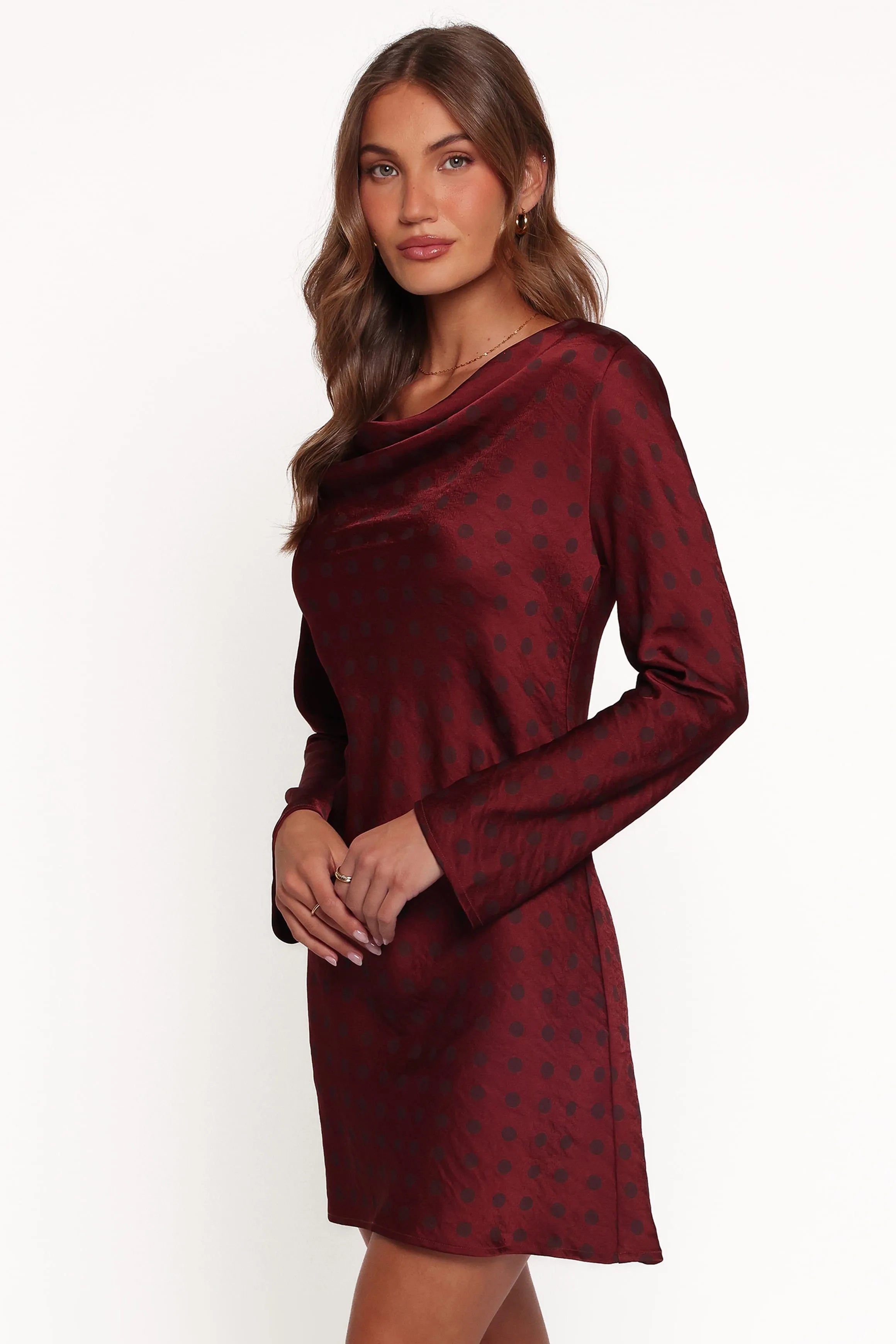 Chic A-Line Cowl Neck Long Sleeve Dotted Burgundy Mini Homecoming Dress