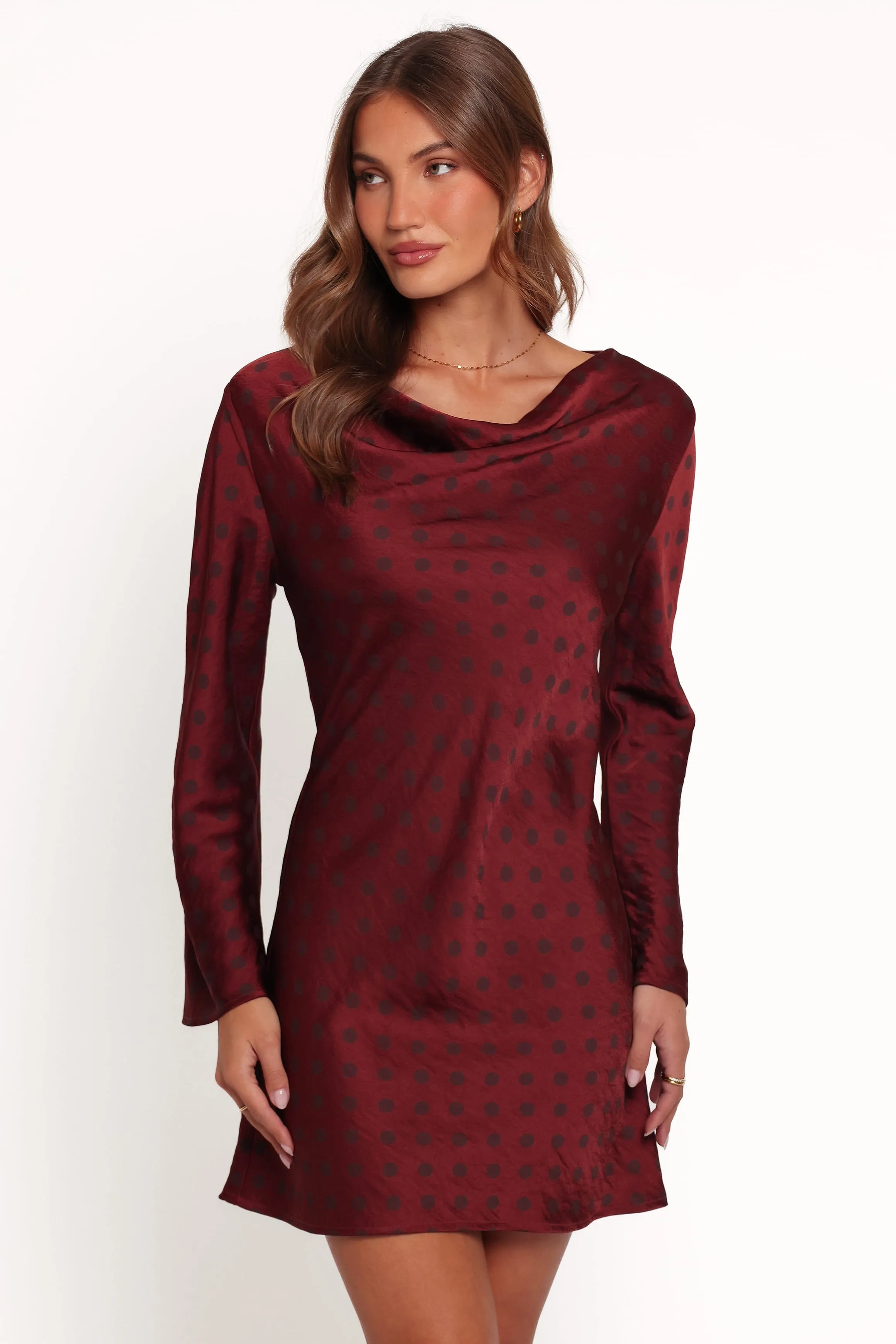 Chic A-Line Cowl Neck Long Sleeve Dotted Burgundy Mini Homecoming Dress