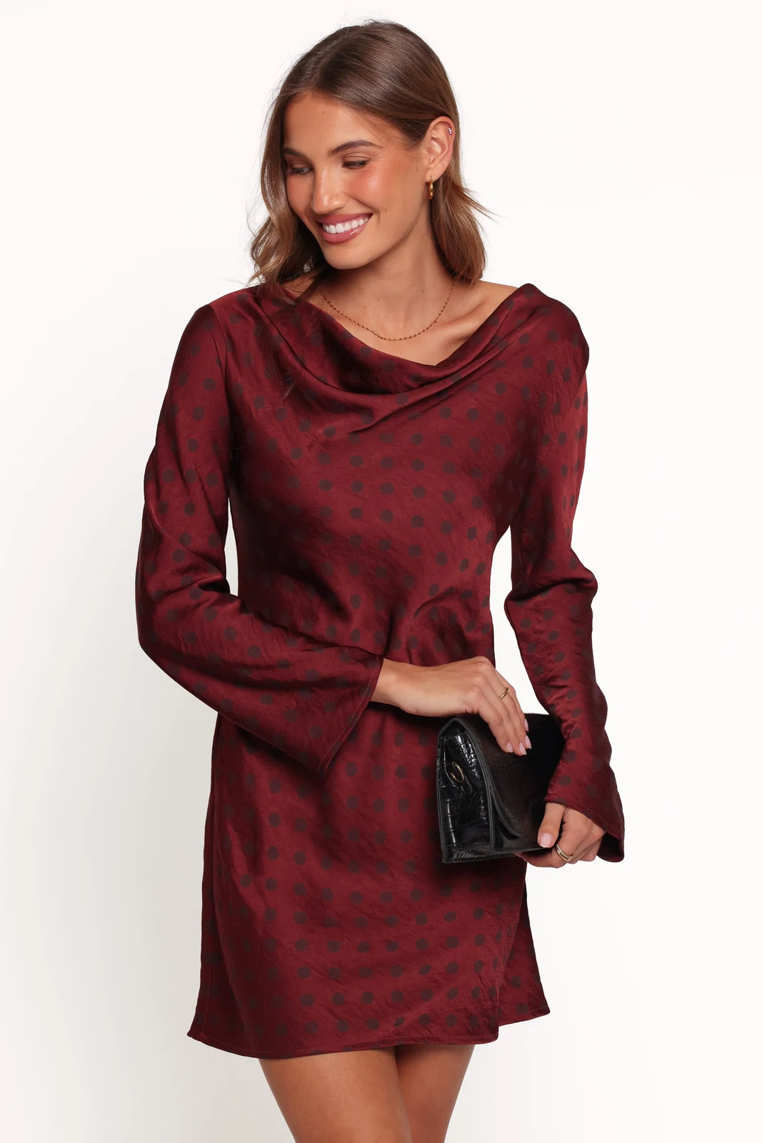 Chic A-Line Cowl Neck Long Sleeve Dotted Burgundy Mini Homecoming Dress
