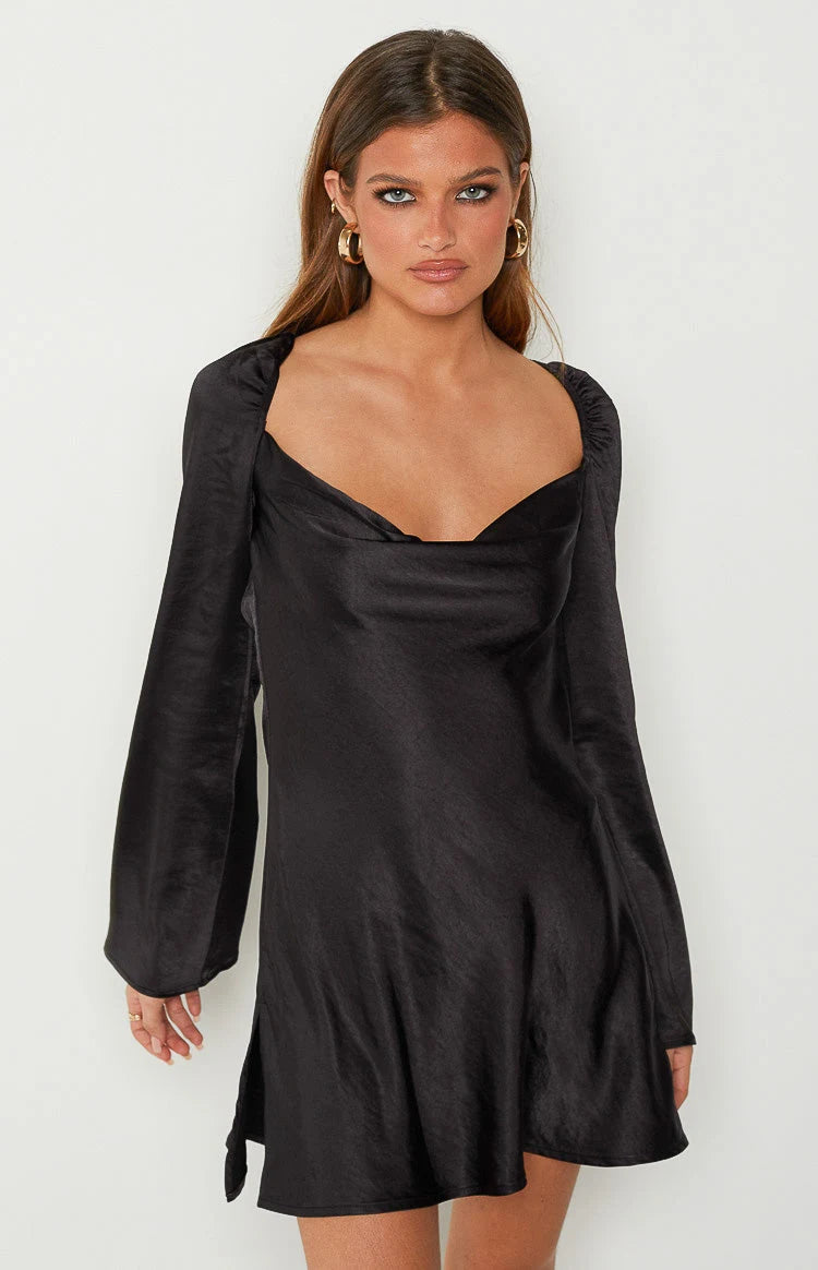 Chic A-Line Cowl Neck Long Sleeve Open Back Black Mini Homecoming Dress