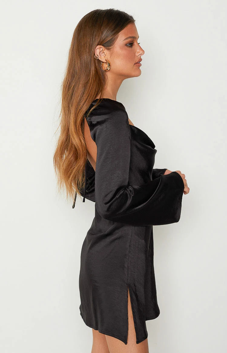 Chic A-Line Cowl Neck Long Sleeve Open Back Black Mini Homecoming Dress