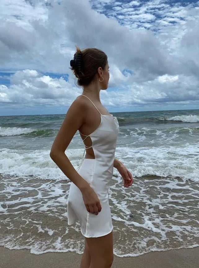 Chic A-Line Cowl Neck Sleeveless Backless White Mini Homecoming Dress