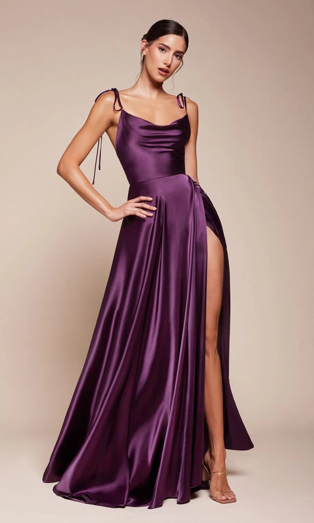 Chic A-Line Cowl Neck Sleeveless Slit Backless Purple Floor-Length Prom Dresses