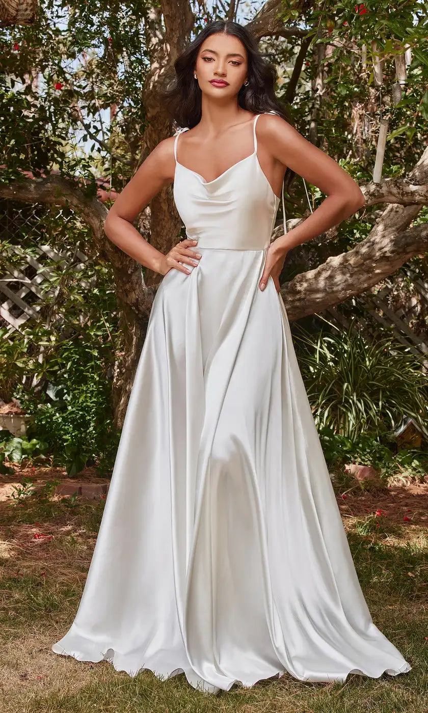 Chic A-Line Cowl Neck Sleeveless Slit White Floor-Length Prom Dresses Women