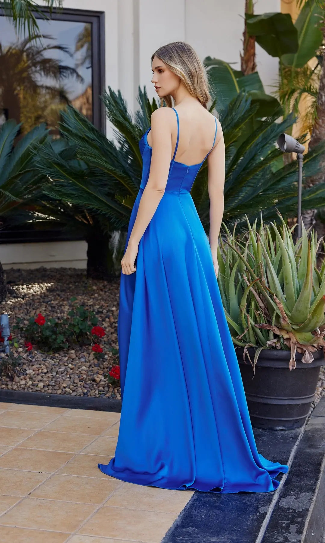 Chic A-Line Cowl Sleeveless Corset Slit Blue Long Prom Dresses Gown