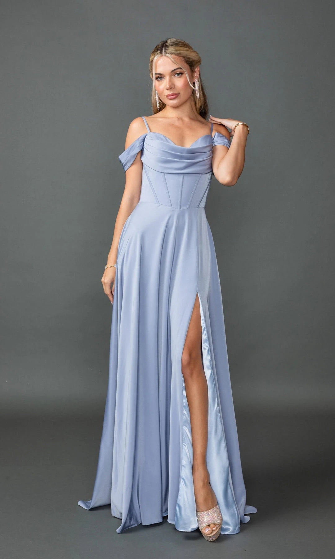 Chic A-Line Cowl Sleeveless Corset Slit Dusty Blue Prom Dresses Women Gown