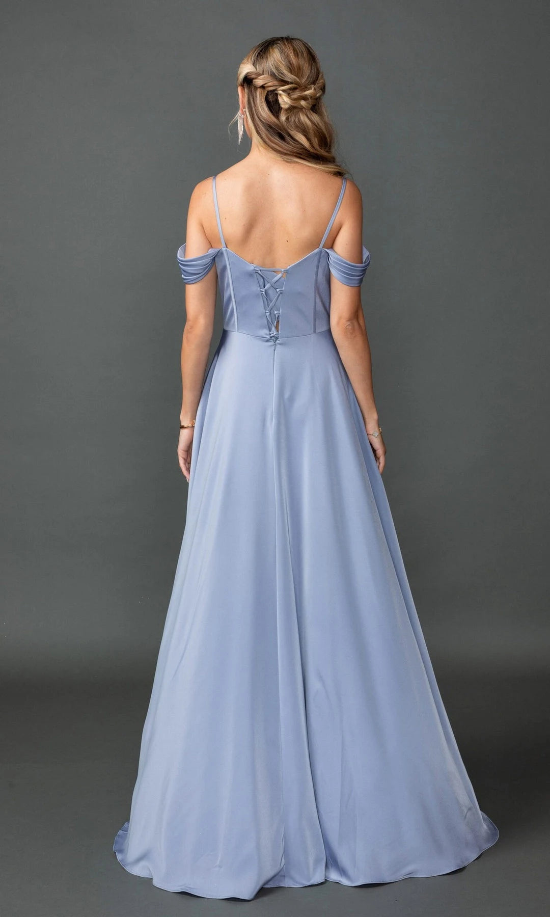 Chic A-Line Cowl Sleeveless Corset Slit Dusty Blue Prom Dresses Women Gown