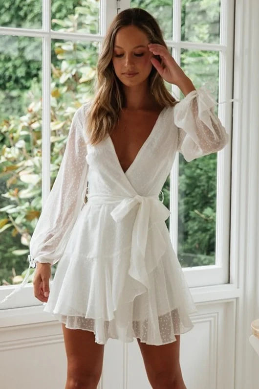 Chic A-Line Deep V-Neck Sheer Long Sleeve Tie-Waist Ruffled Mini Homecoming Dresses