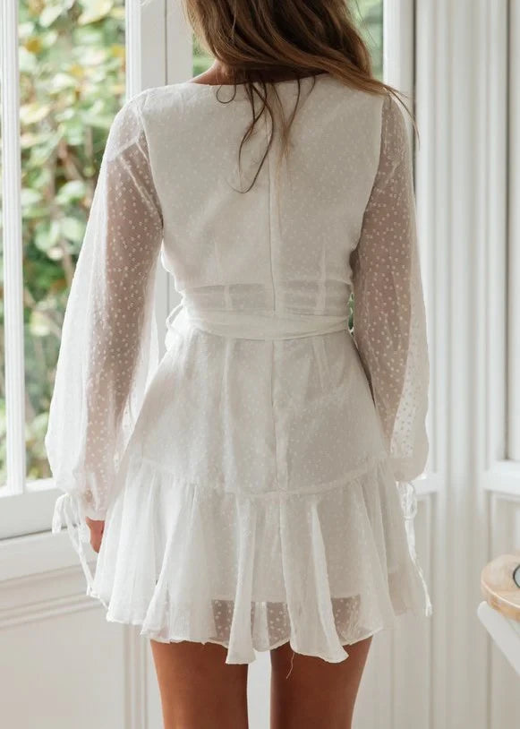 Chic A-Line Deep V-Neck Sheer Long Sleeve Tie-Waist Ruffled Mini Homecoming Dresses