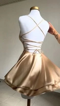 Chic A-Line Draped Cowl Neck Sleeveless Backless Champagne Mini Homecoming Dress