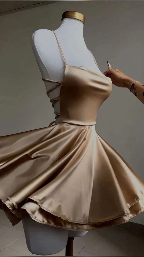 Chic A-Line Draped Cowl Neck Sleeveless Backless Champagne Mini Homecoming Dress