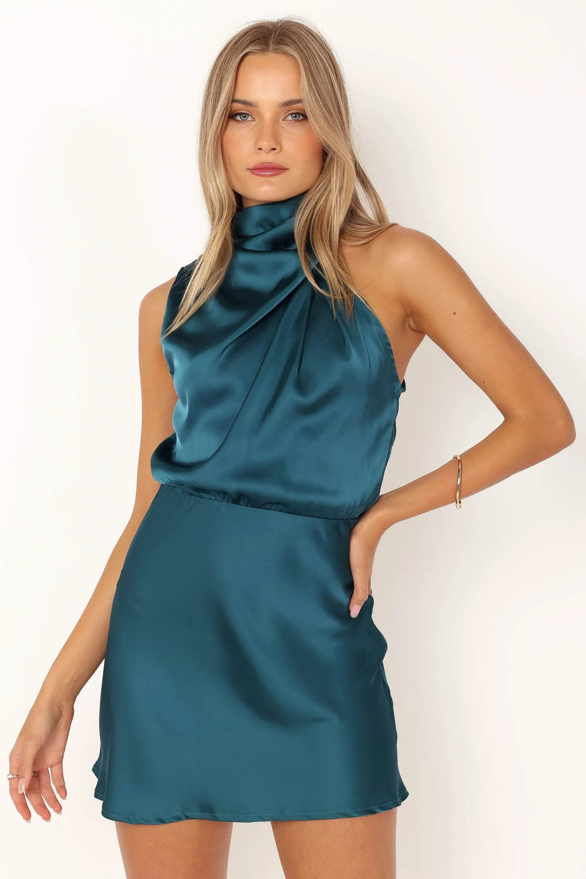 Chic A-Line Draped High Neck Sleeveless Teal Mini Homecoming Dress for Women