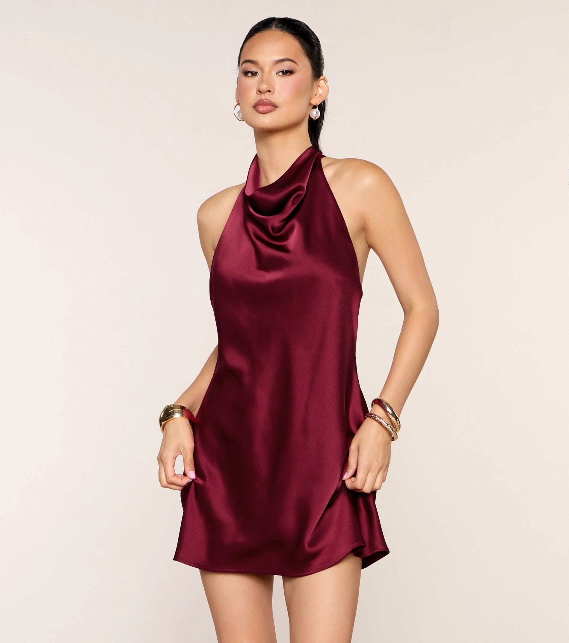 Chic A-Line Halter Cowl Neck Backless Burgundy Mini Homecoming Dress