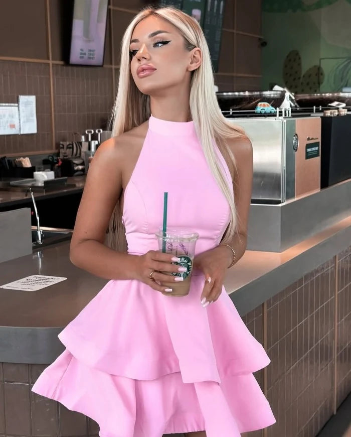 Chic A-Line Halter Neck Sleeveless Backless Tiered Pink Mini Homecoming Dresses