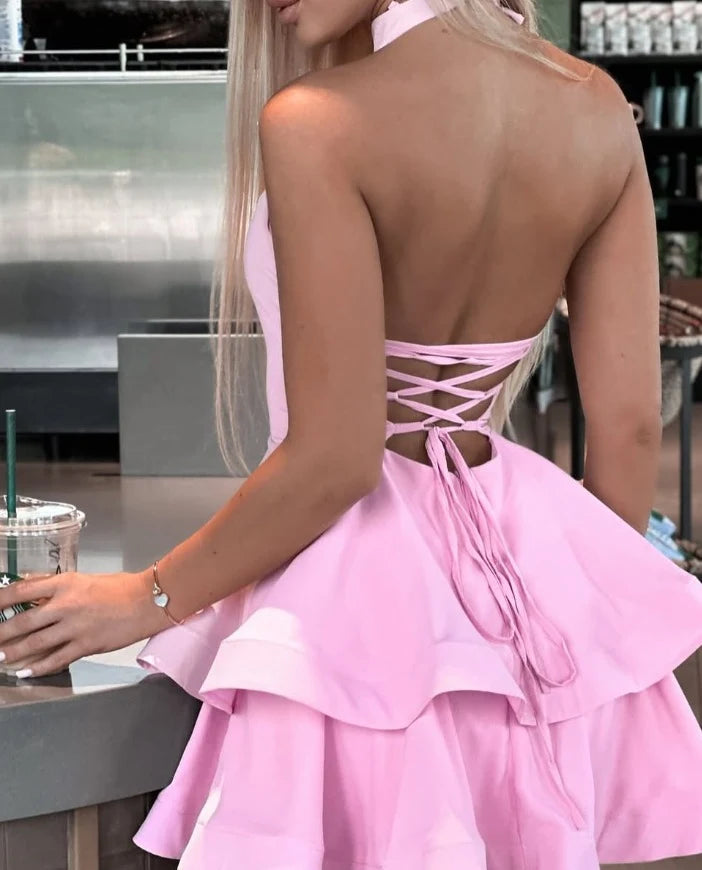 Chic A-Line Halter Neck Sleeveless Backless Tiered Pink Mini Homecoming Dresses