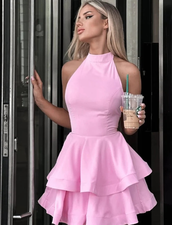 Chic A-Line Halter Neck Sleeveless Backless Tiered Pink Mini Homecoming Dresses