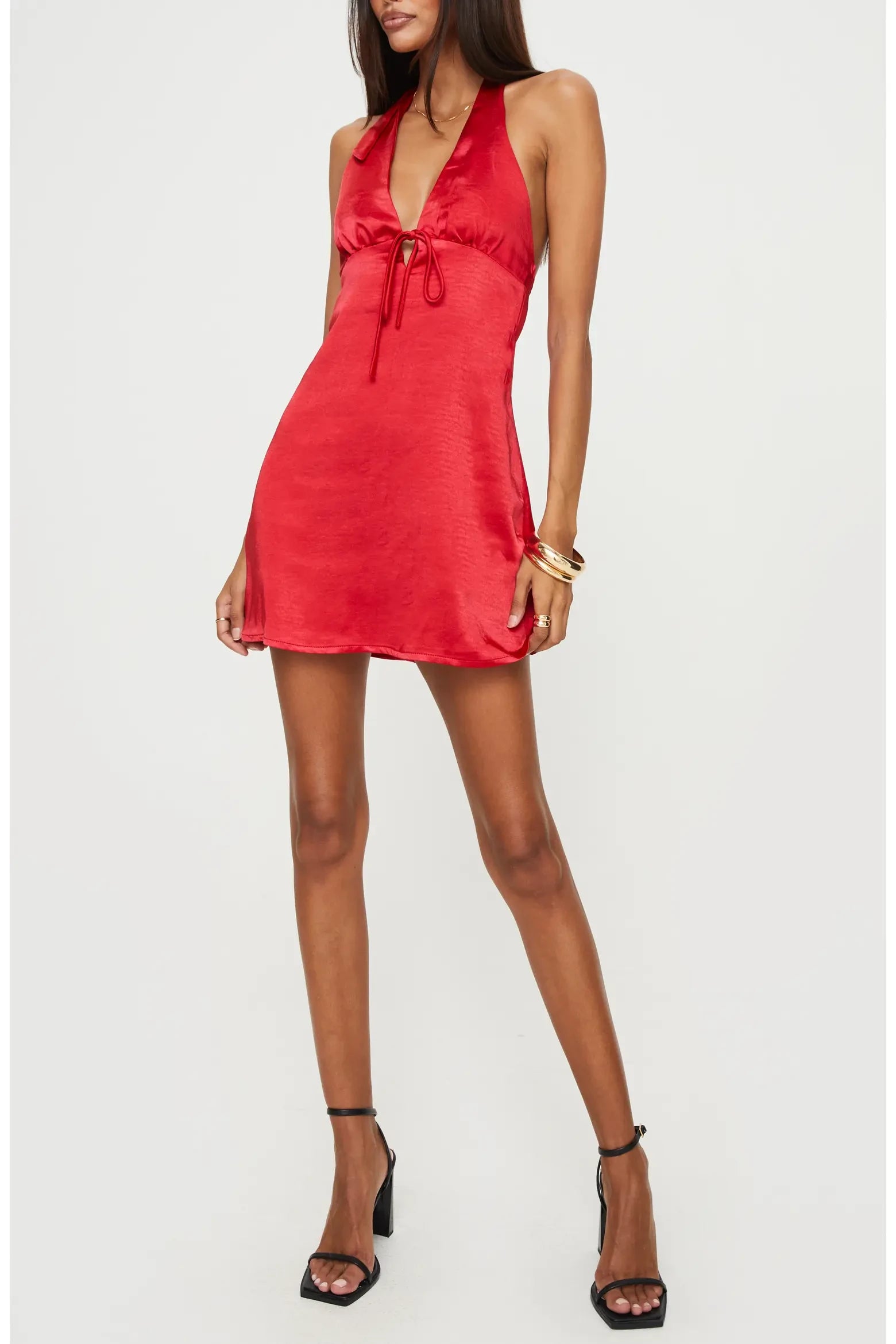 Elegant A-Line Halter Neck Open Back Red Satin Mini Homecoming Dress