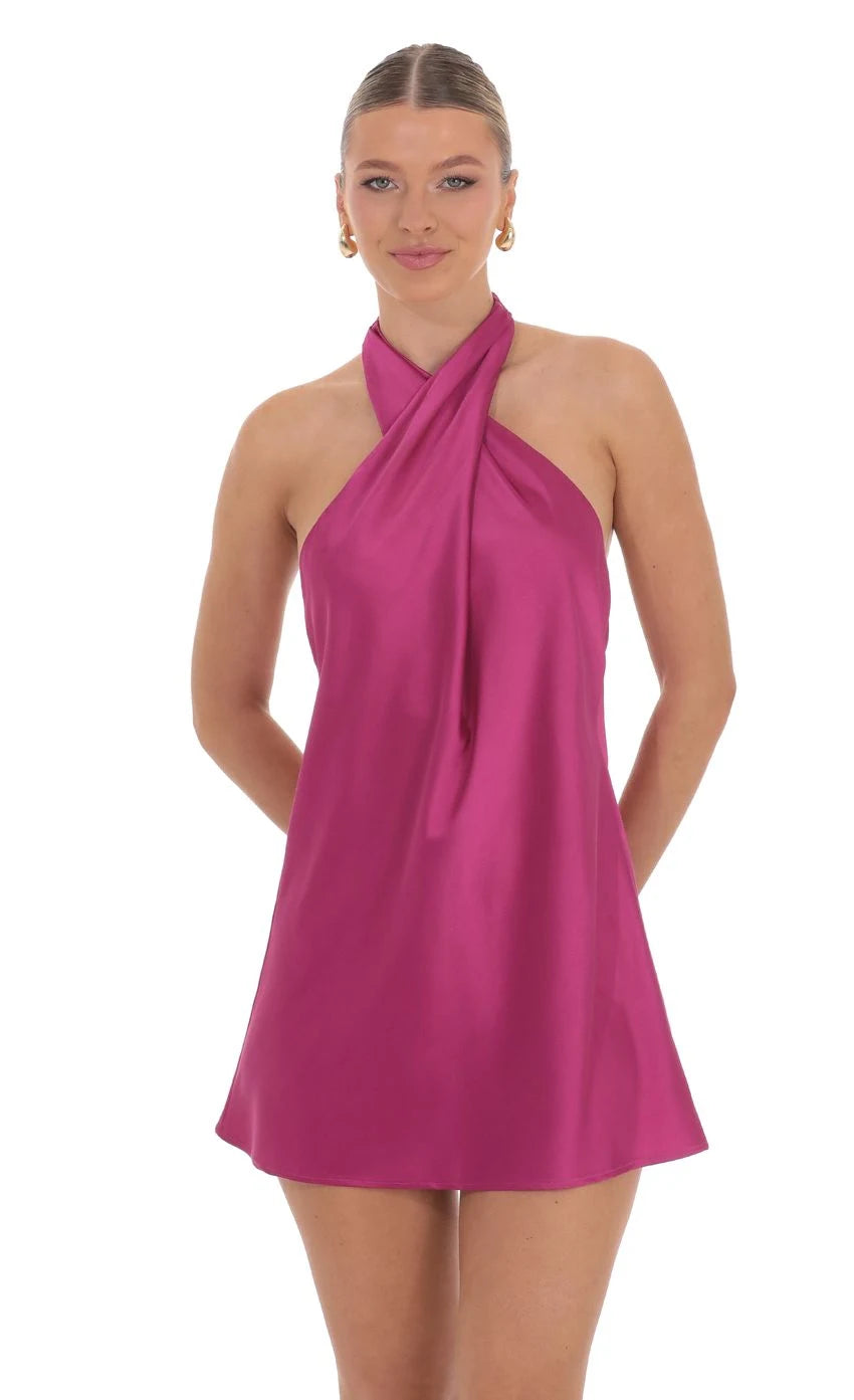 Chic A-Line Halter Sleeveless Draped Backless Fuchsia Mini Homecoming Dress Women's