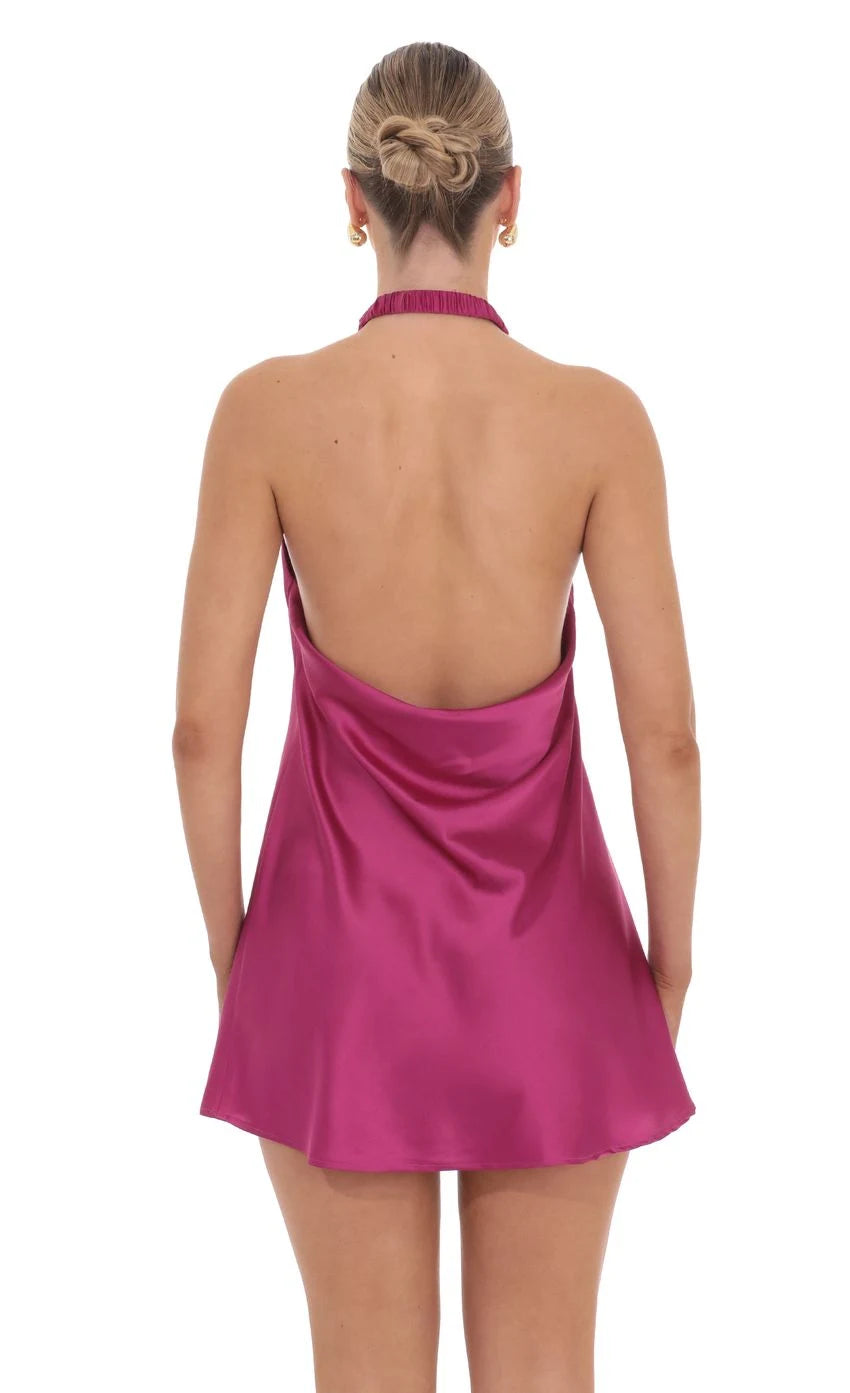 Chic A-Line Halter Sleeveless Draped Backless Fuchsia Mini Homecoming Dress Women's