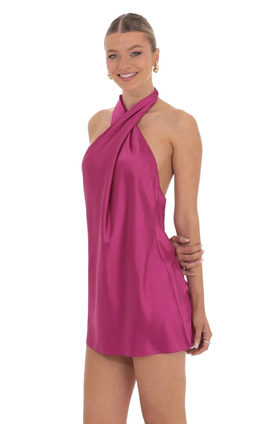 Chic A-Line Halter Sleeveless Draped Backless Fuchsia Mini Homecoming Dress Women's