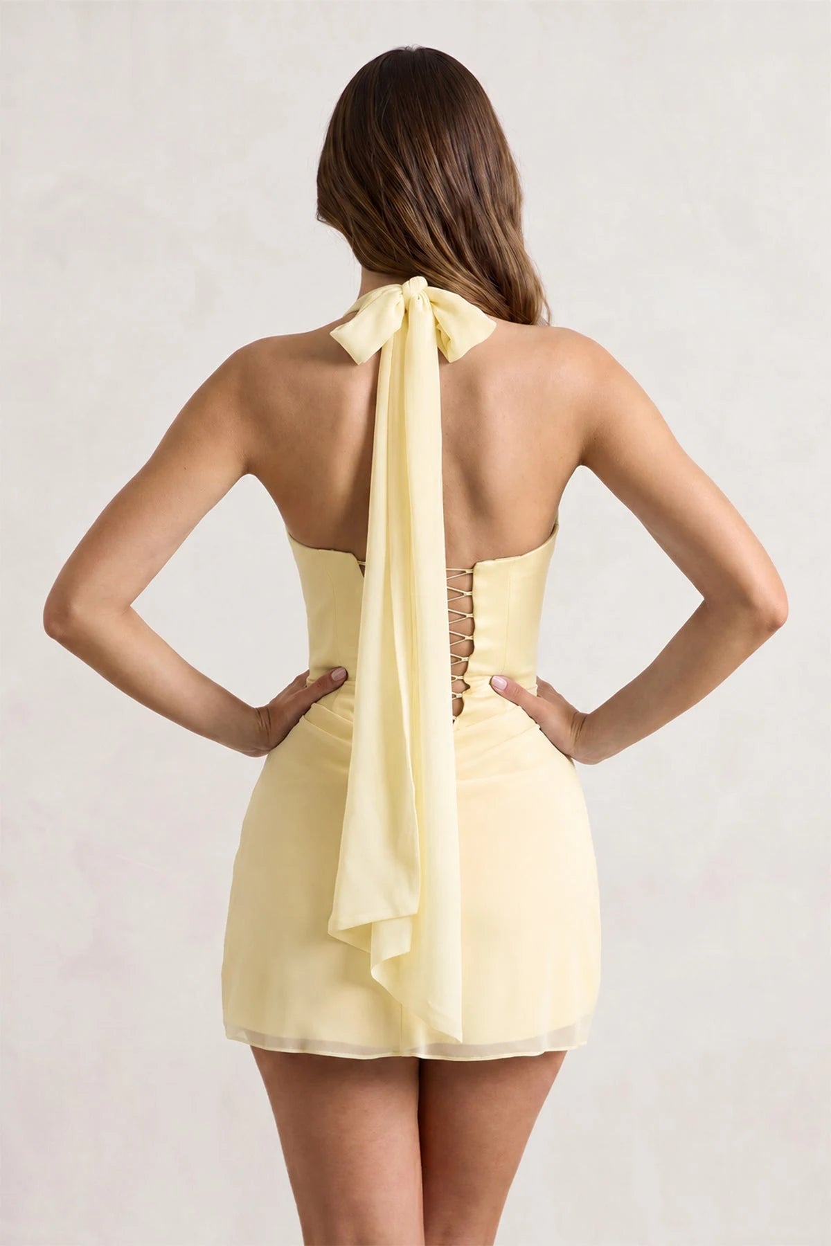 Chic A-Line Halter Sleeveless Draped Backless Light Yellow Mini Homecoming Dress