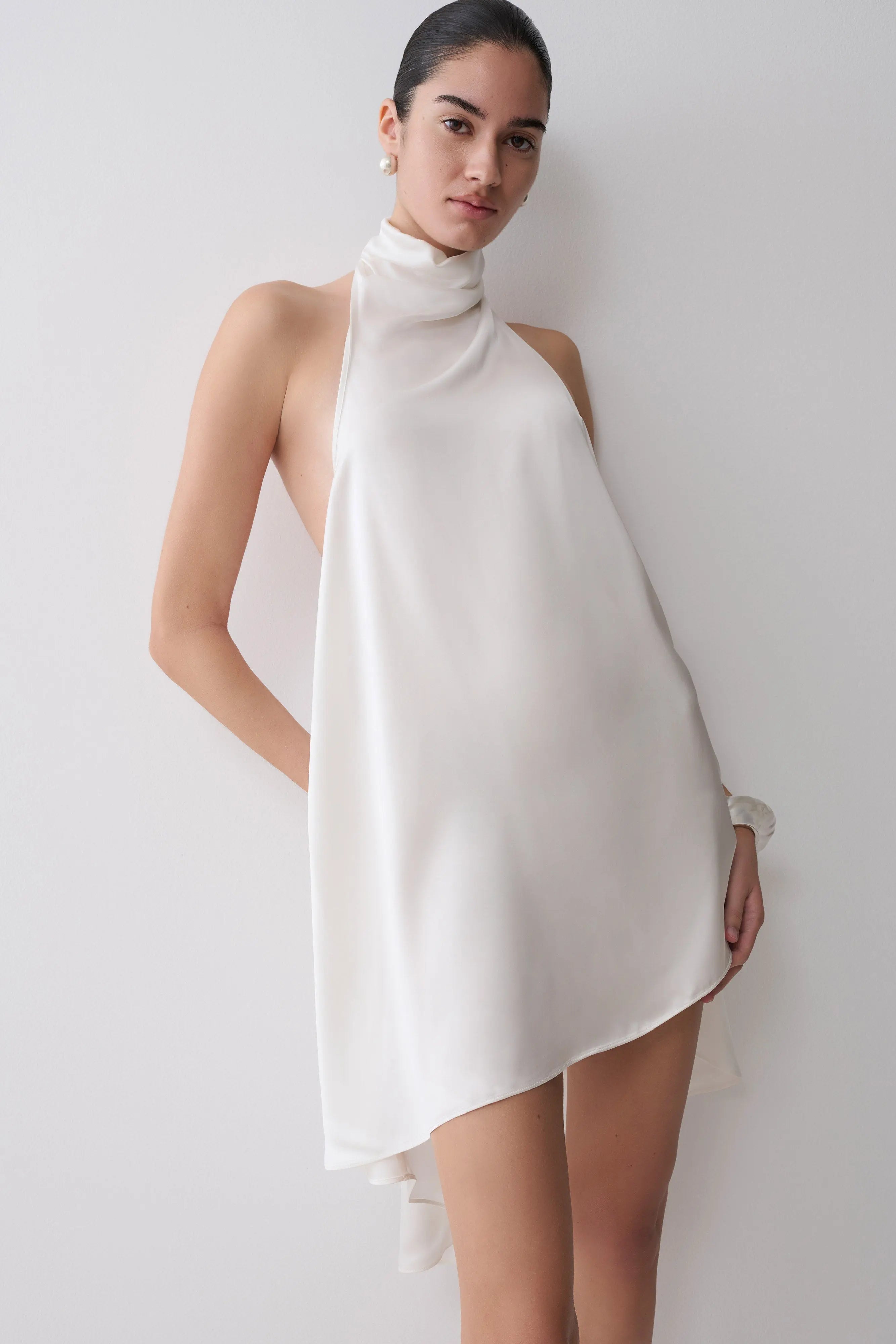 Chic A-Line Halter Sleeveless Draped Backless White Mini Homecoming Dress Women