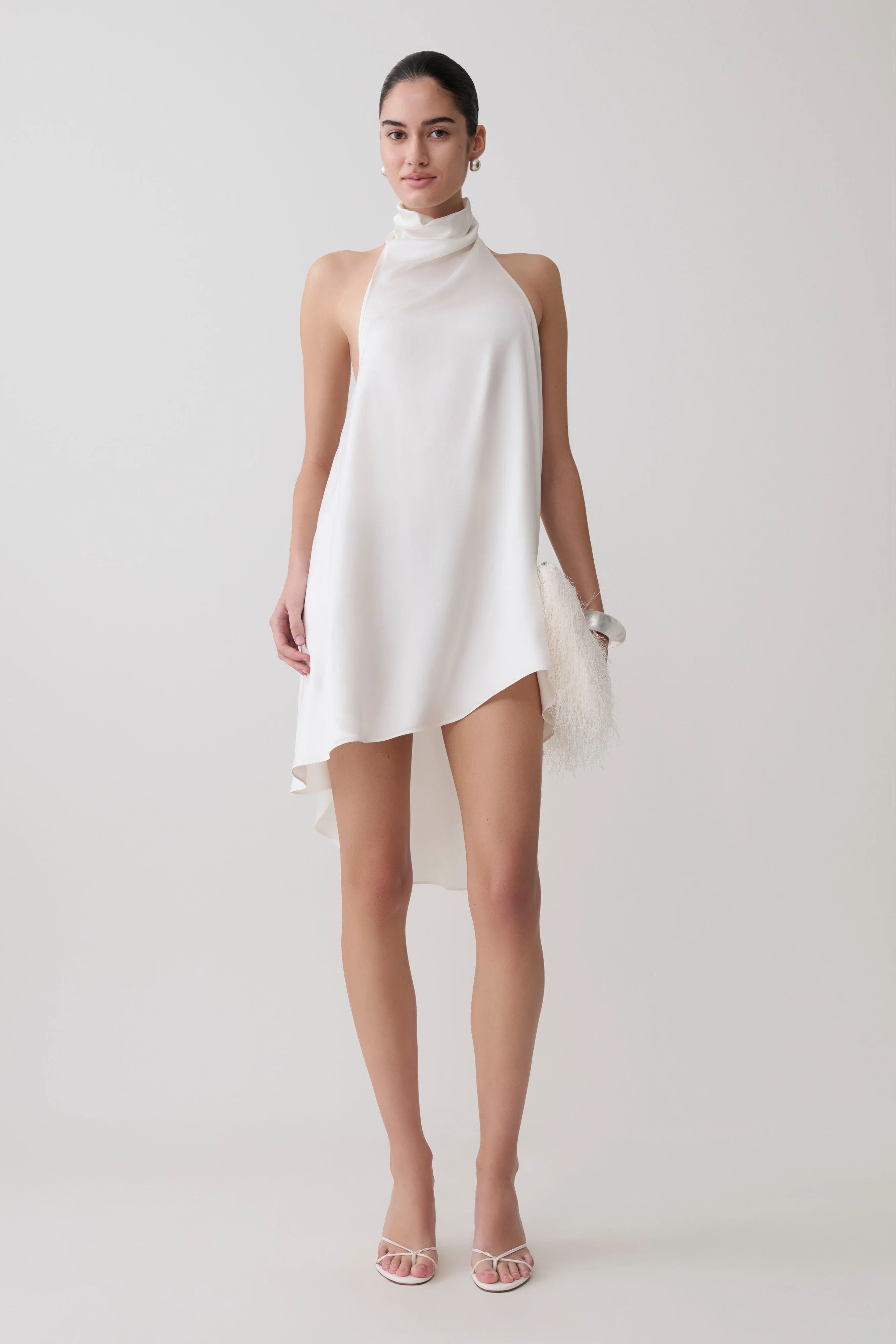 Chic A-Line Halter Sleeveless Draped Backless White Mini Homecoming Dress Women