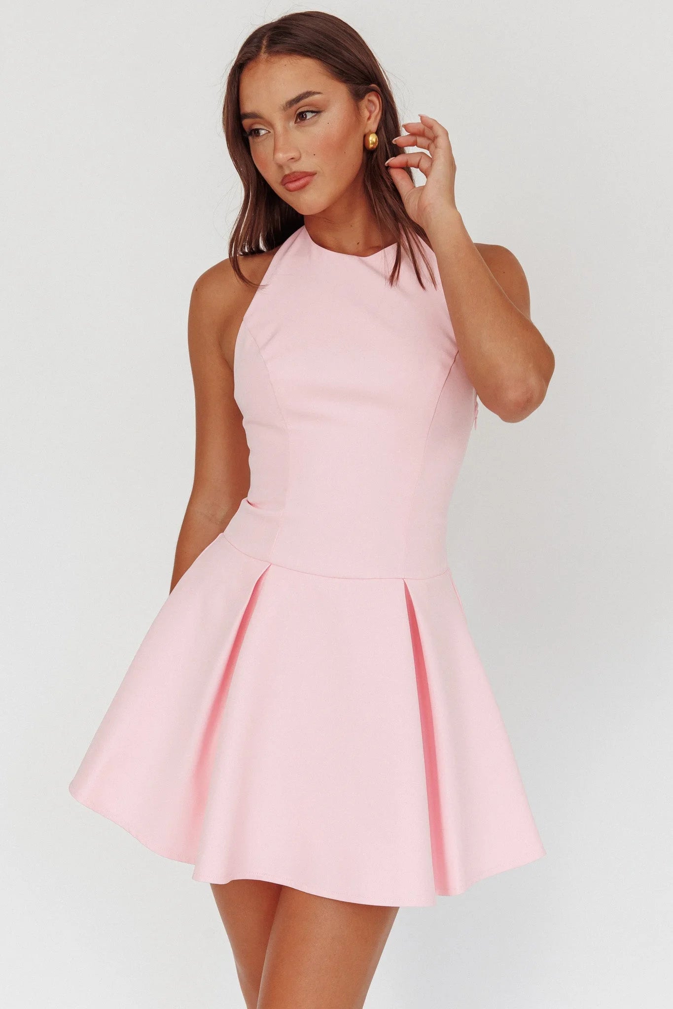 Chic A-Line Halter Sleeveless Pleated Backless Pink Mini Homecoming Dress Women