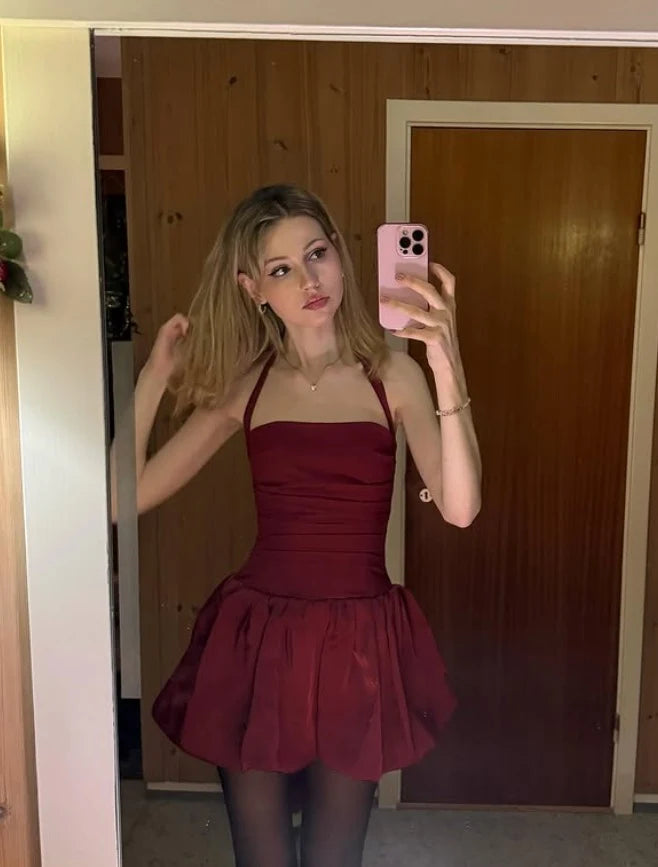 Chic A-Line Halter Sleeveless Ruched Bubble Burgundy Mini Homecoming Dresses