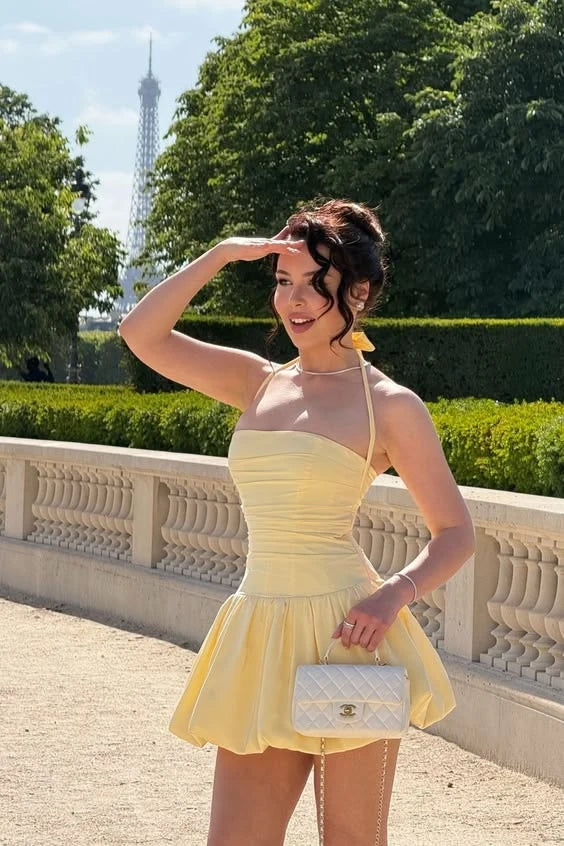 Chic A-Line Halter Sleeveless Ruched Bubble Yellow Mini Homecoming Dress