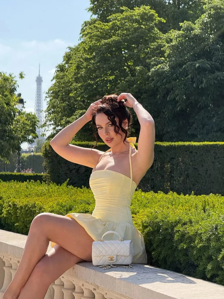 Chic A-Line Halter Sleeveless Ruched Bubble Yellow Mini Homecoming Dress