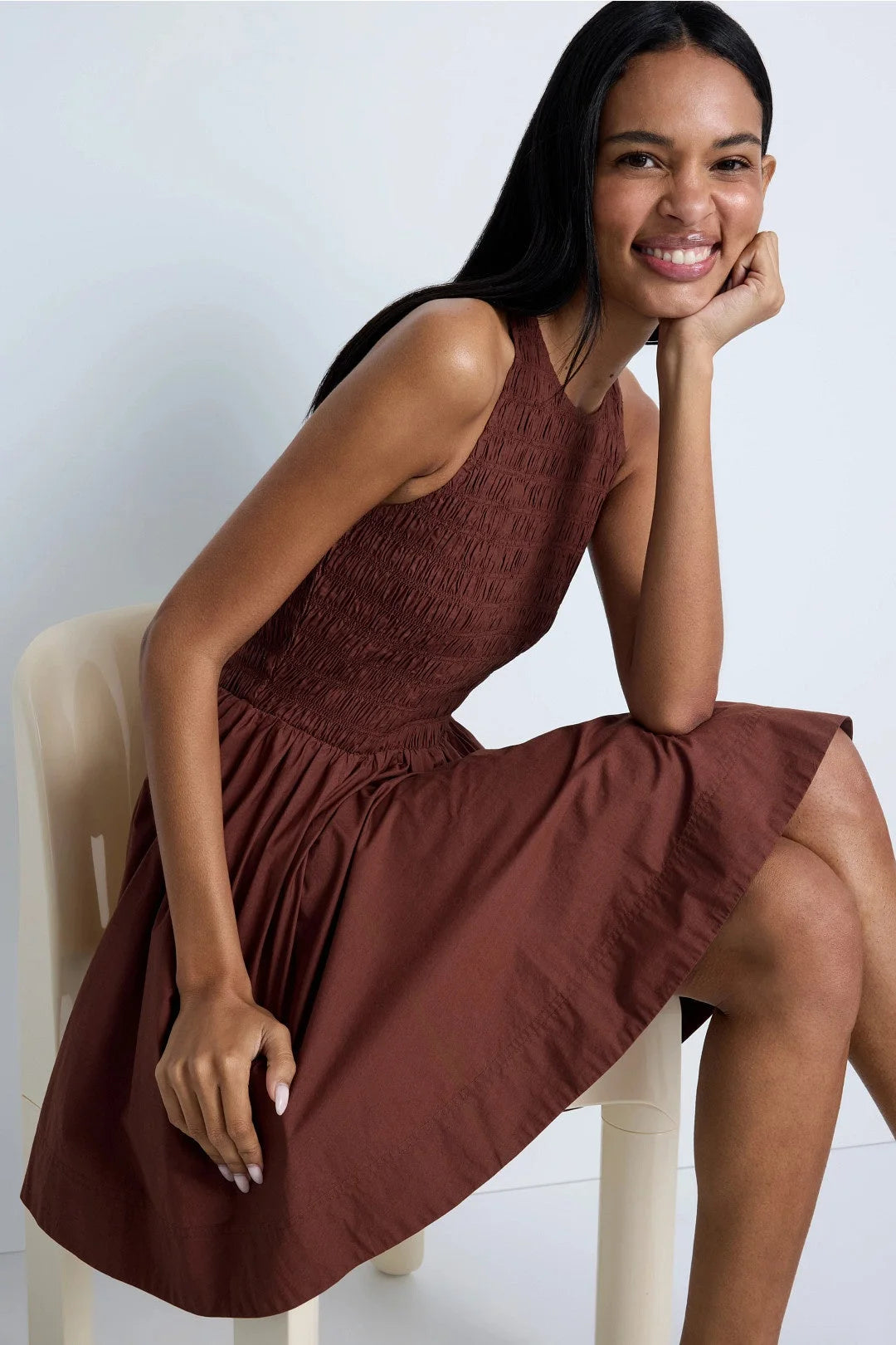 Chic A-Line Halter Sleeveless Smocked Flowy Brown Mini Homecoming Dress Women's