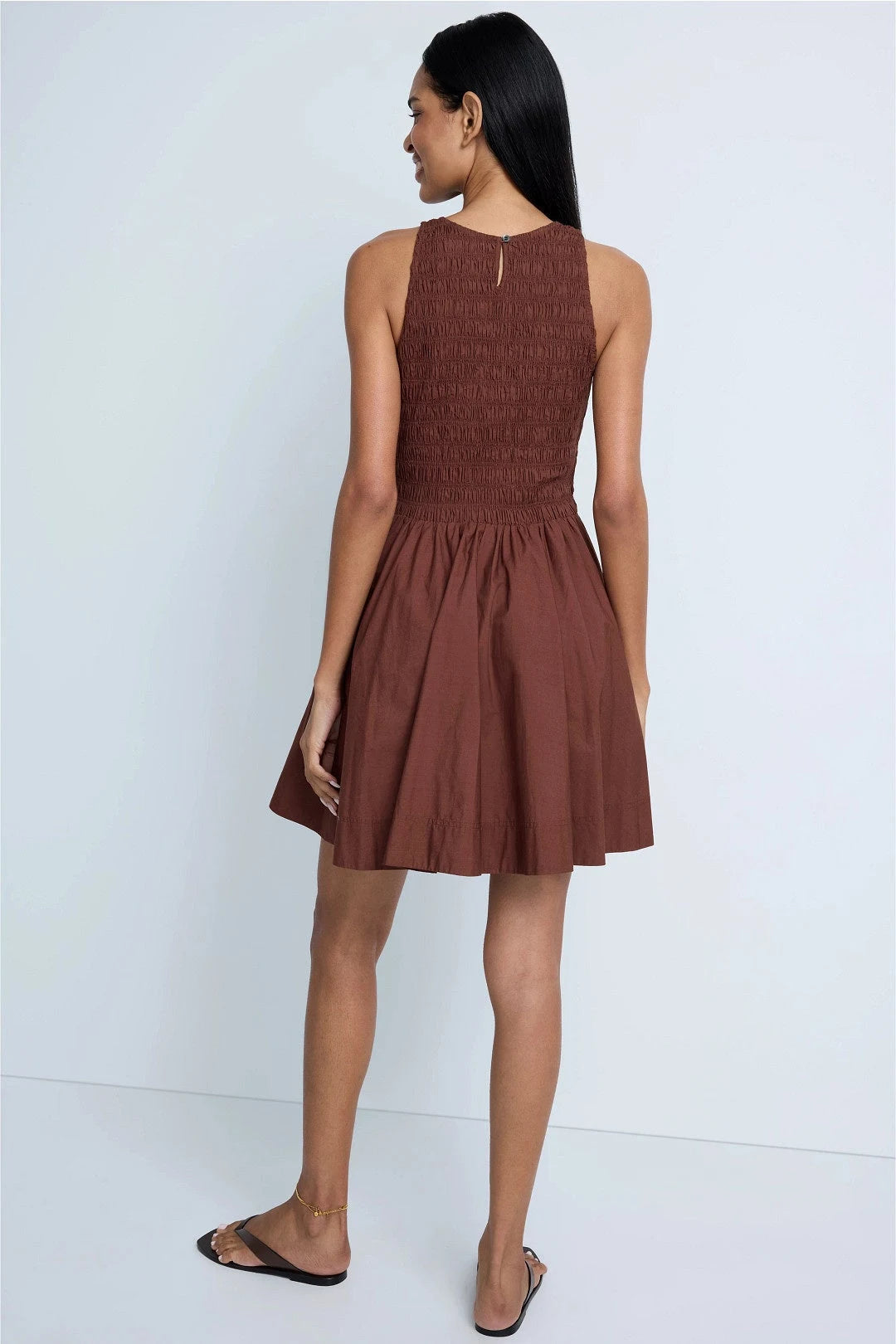 Chic A-Line Halter Sleeveless Smocked Flowy Brown Mini Homecoming Dress Women's
