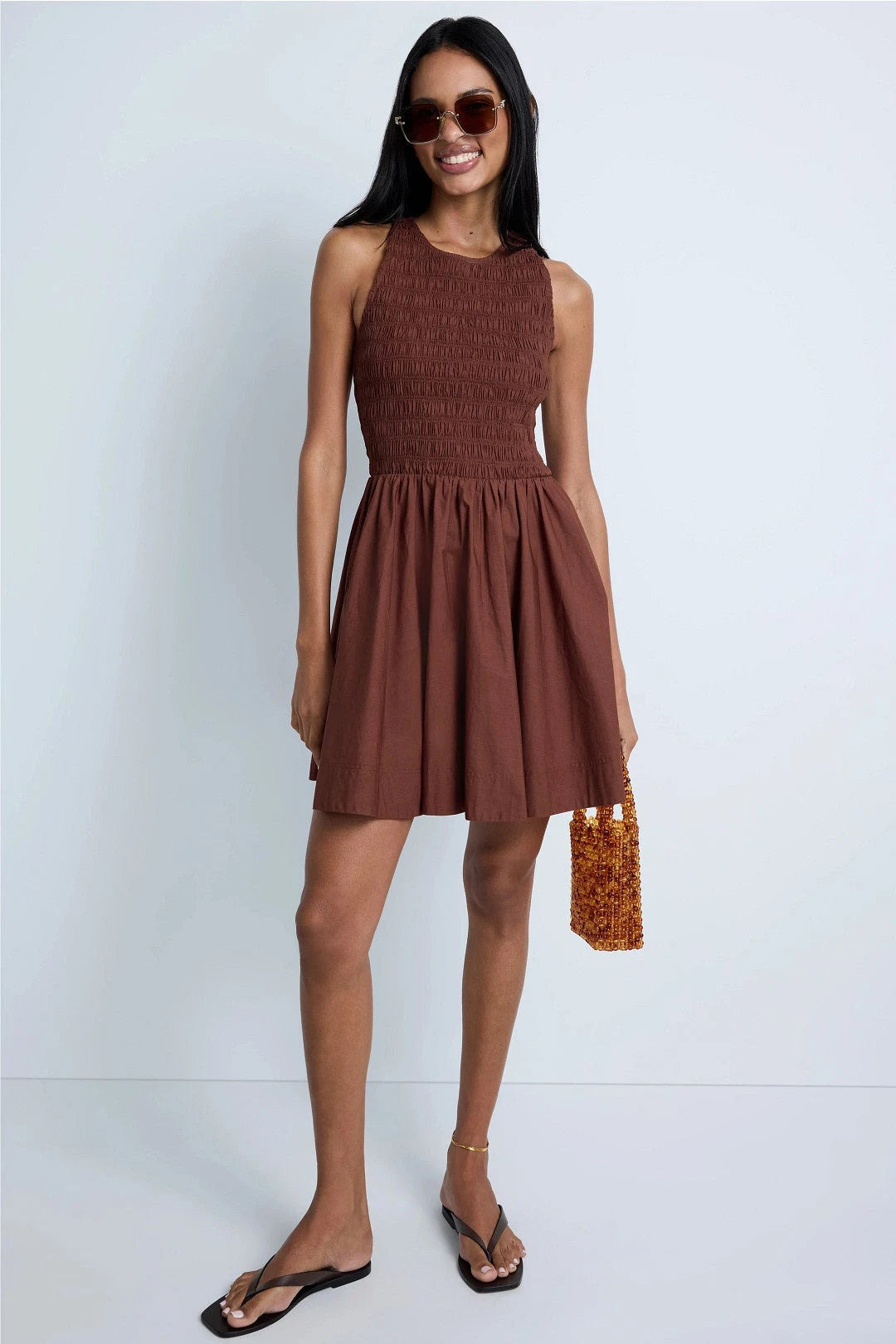 Chic A-Line Halter Sleeveless Smocked Flowy Brown Mini Homecoming Dress Women's