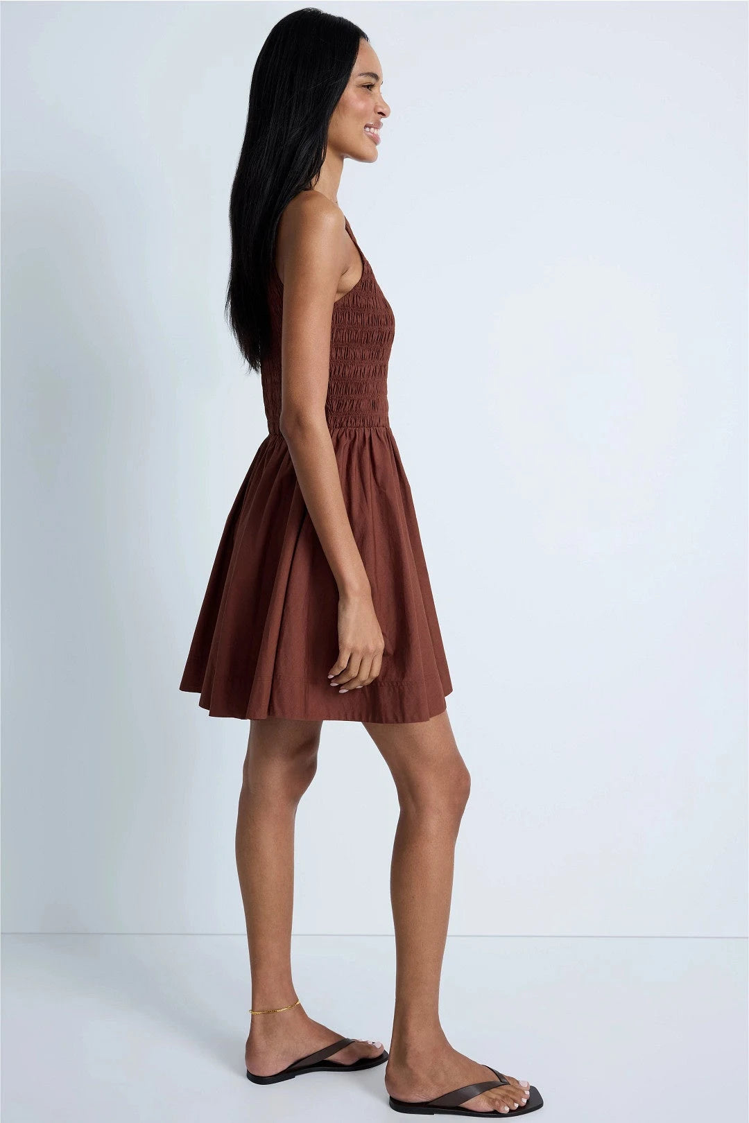 Chic A-Line Halter Sleeveless Smocked Flowy Brown Mini Homecoming Dress Women's