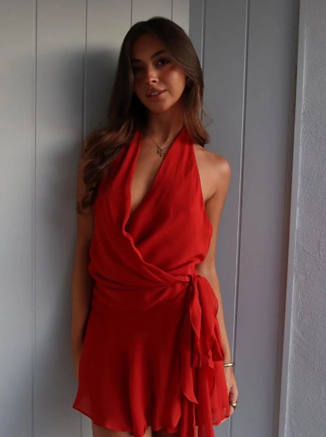 Chic A-Line Halter Sleeveless Wrap Ruffled Red Mini Homecoming Dress For Women