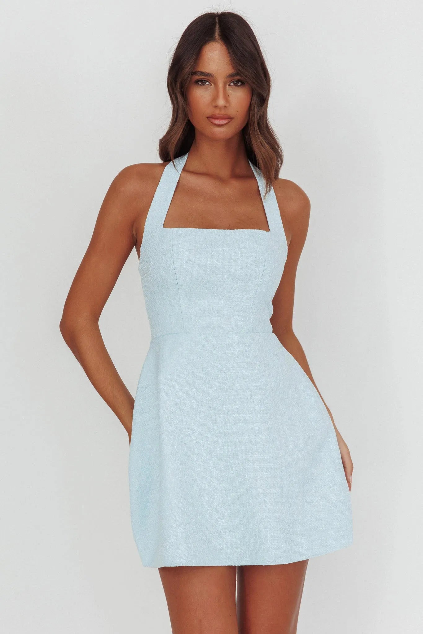 Chic A-Line Halter Square Neck Sleeveless Textured Mini Light Blue Homecoming Dress