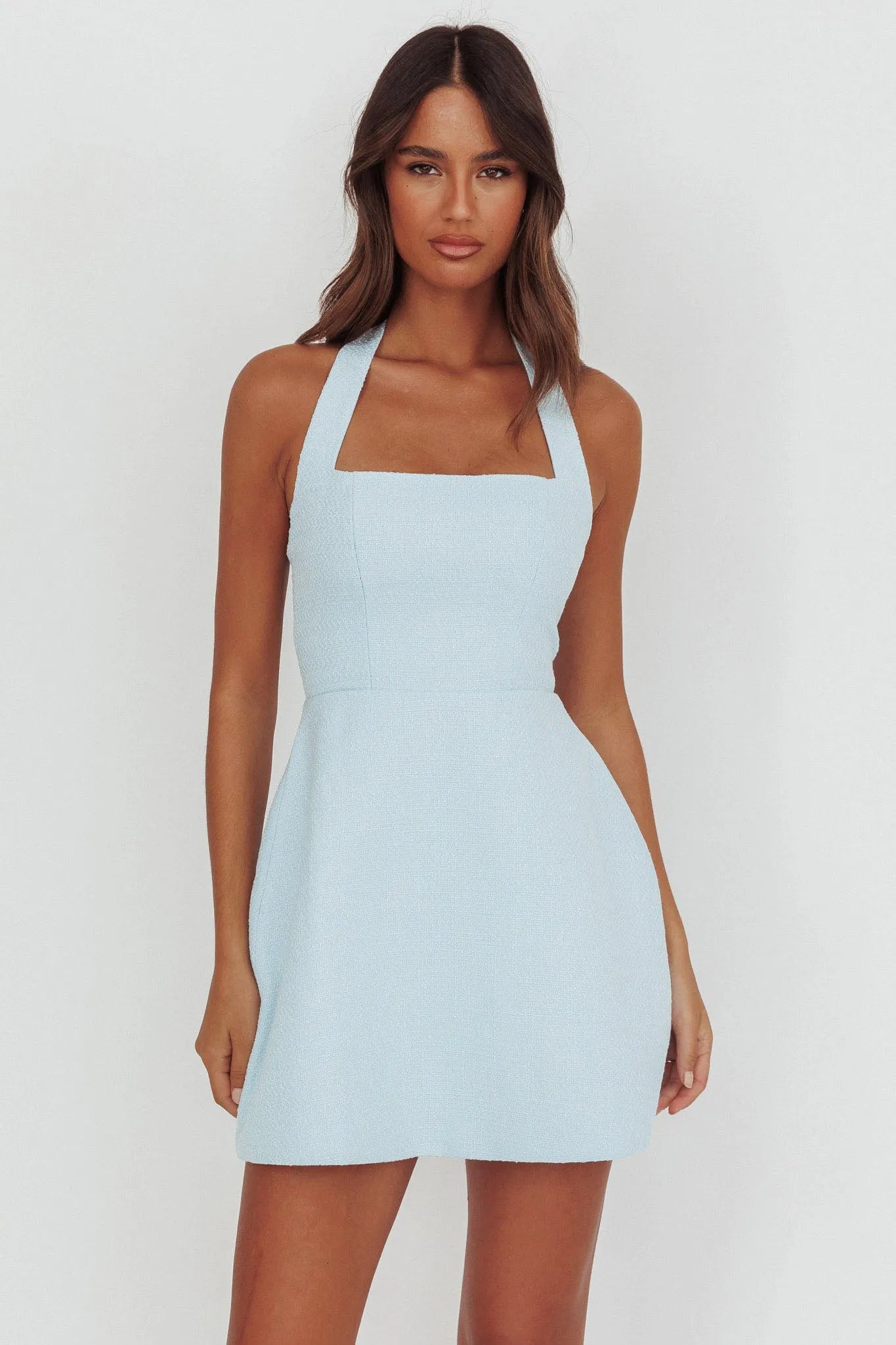 Chic A-Line Halter Square Neck Sleeveless Textured Mini Light Blue Homecoming Dress