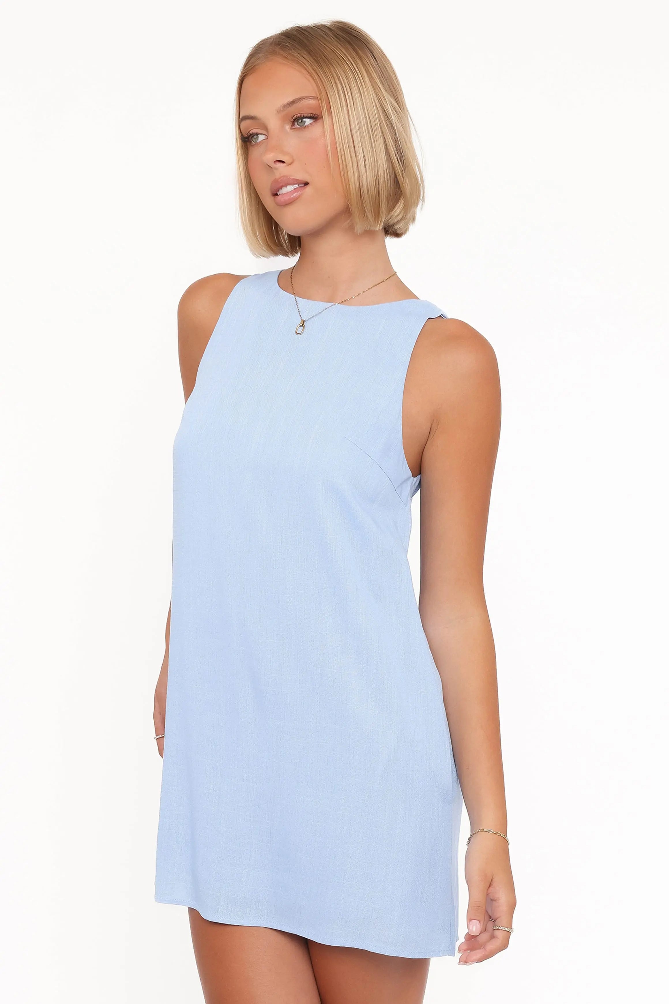 Chic A-Line Jewel Neck Sleeveless Relaxed Effortless Light Blue Mini Homecoming Dress Women's