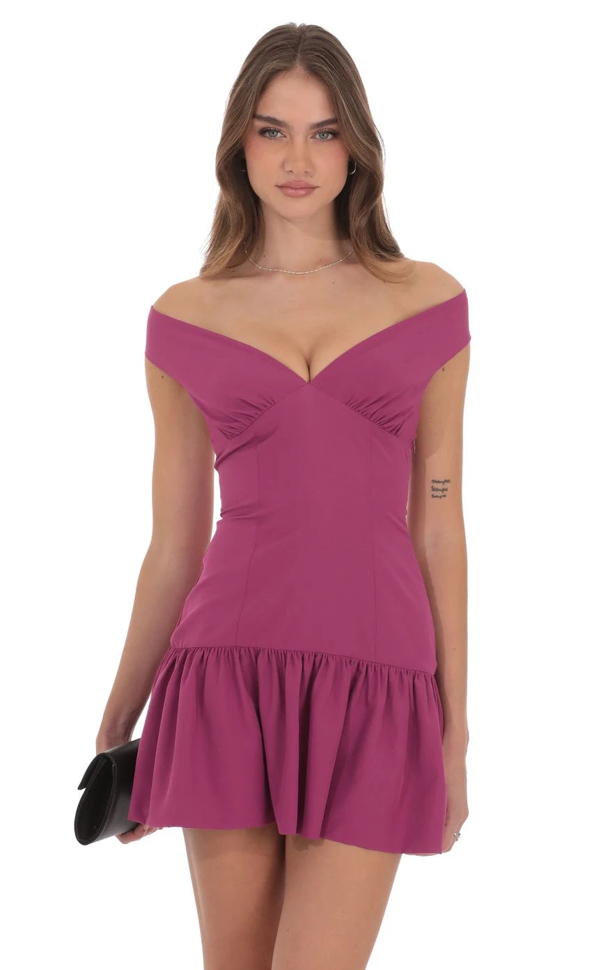 Chic A-Line Off-Shoulder Ruffled Magenta Mini Homecoming Dress Women's Party