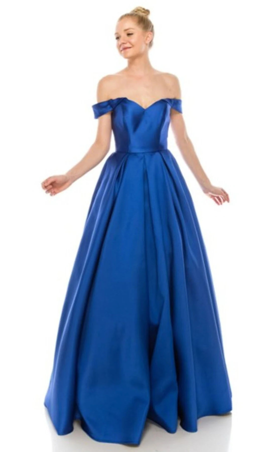 Chic A-Line Off-Shoulder Sleeveless Pleated Blue Long Prom Dresses Women Gown