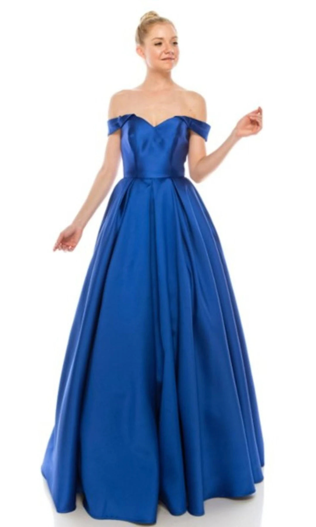 Chic A-Line Off-Shoulder Sleeveless Pleated Blue Long Prom Dresses Women Gown