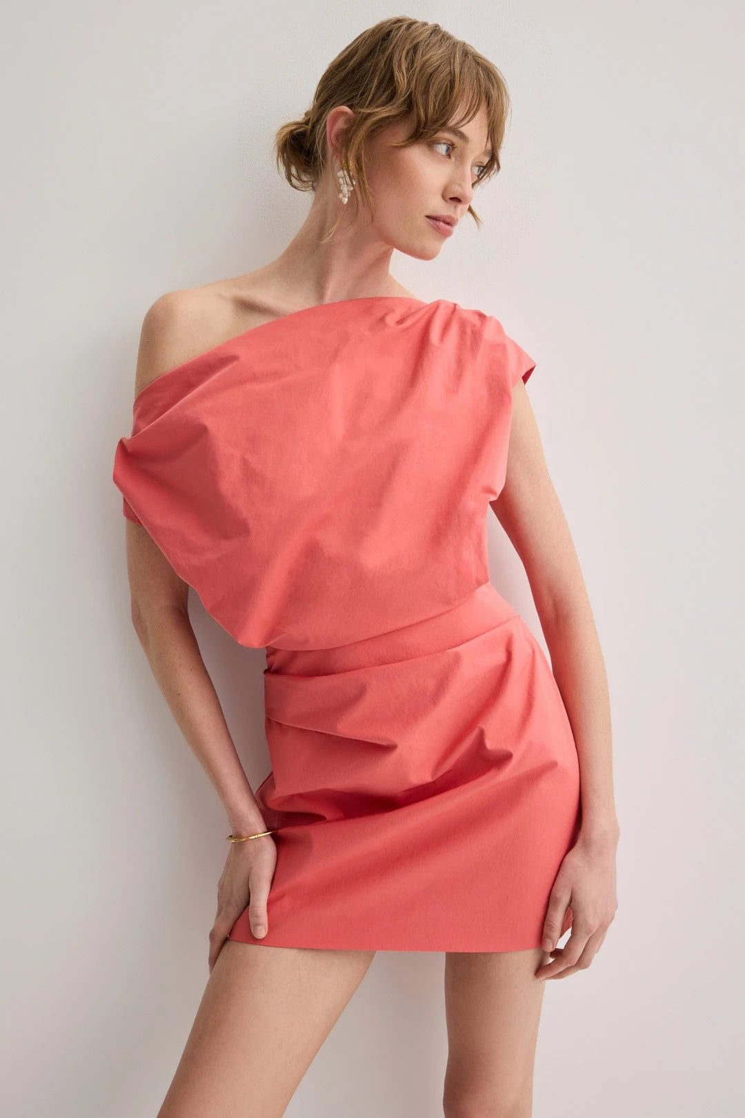 Chic A-Line One-Shoulder Draped Modern Coral Mini Homecoming Dress Women's