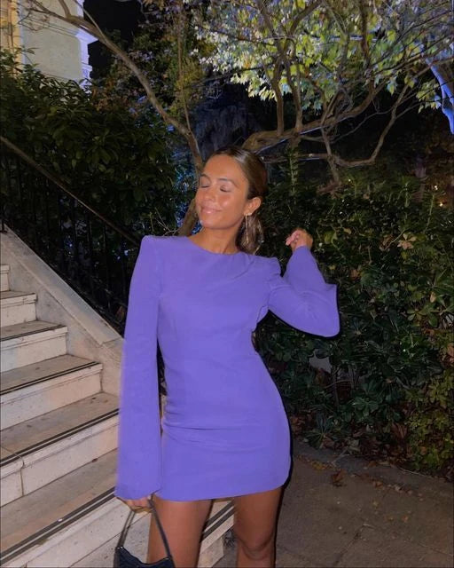 Chic A-Line Round Neck Long Sleeve Open Back Purple Mini Homecoming Dress