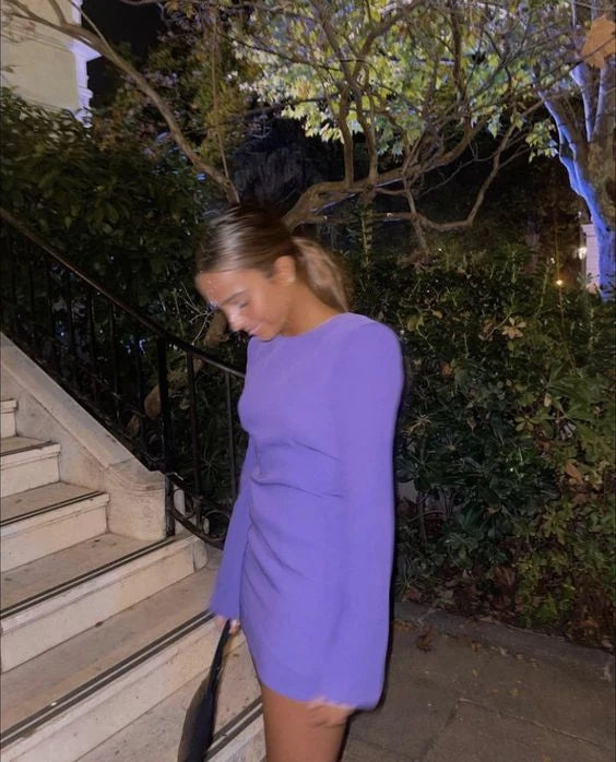 Chic A-Line Round Neck Long Sleeve Open Back Purple Mini Homecoming Dress