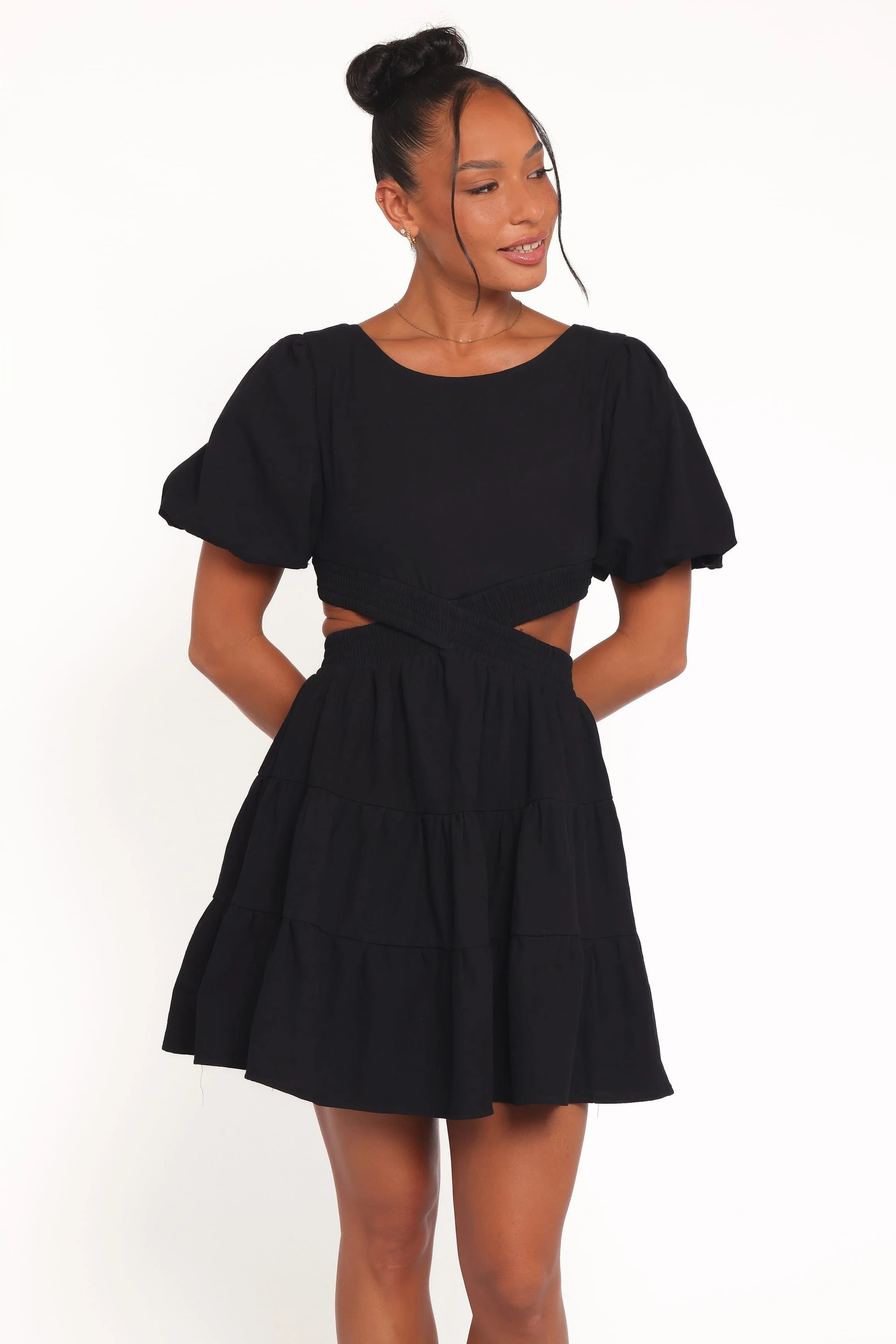 Chic A-Line Round Neck Puffy Sleeve Cutout Black Mini Homecoming Dress Women's